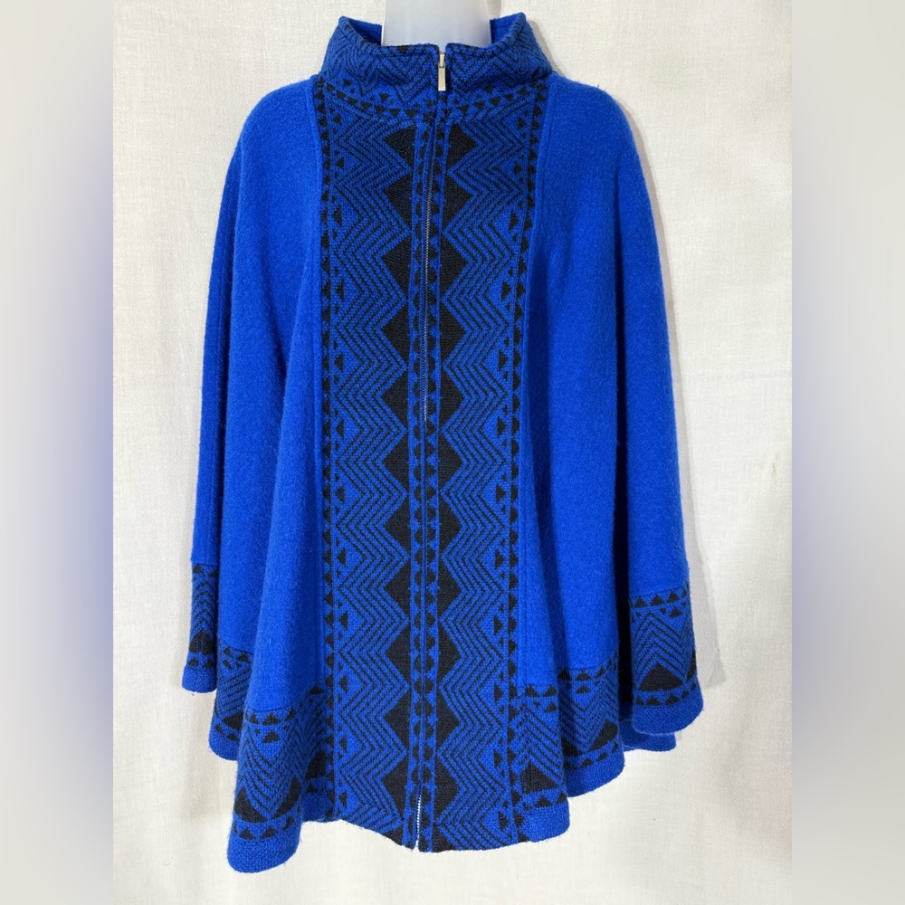 KEREN hart Royal Blue and Black Patterned 100% Wool Poncho Size L/XL